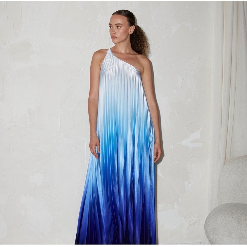 Delfi Collective Erica One-Shoulder Pleated Blue Ombré Maxi Dress Sz Small New